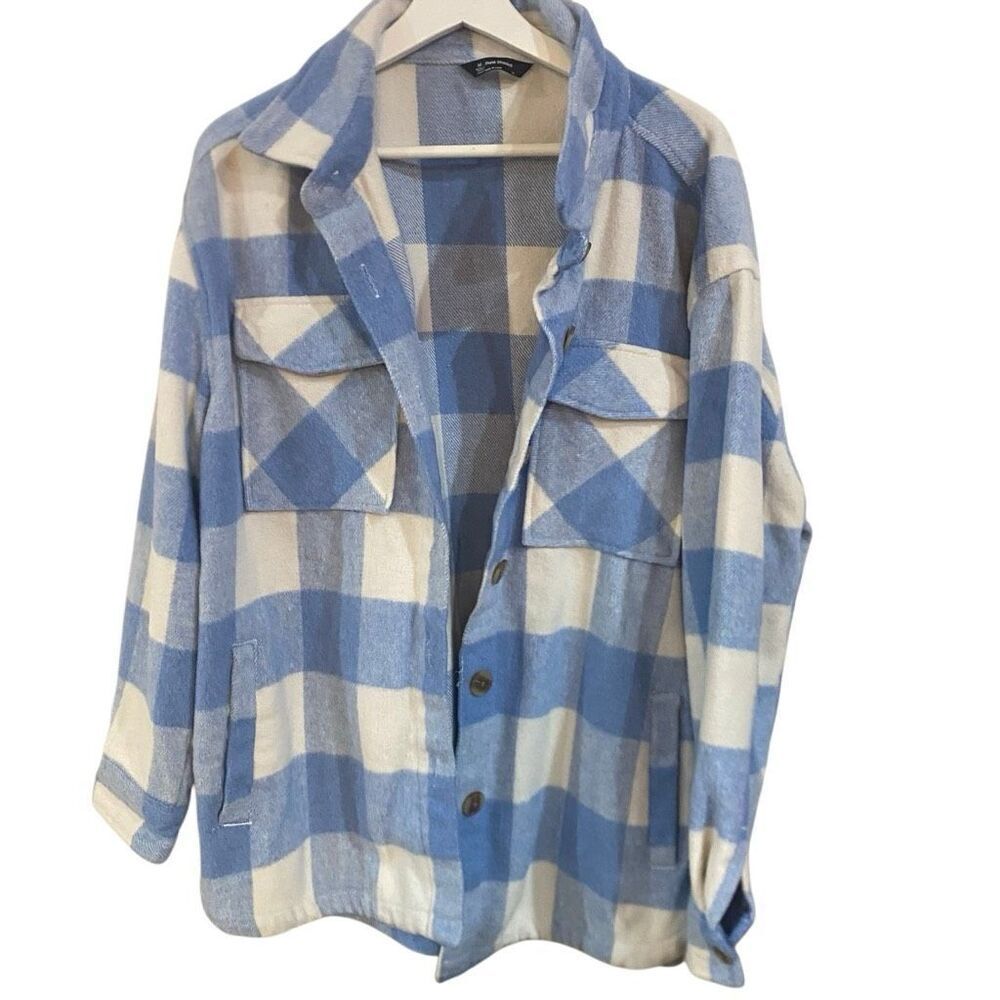 Plaid Shacket XL blue and white pockets wool blend